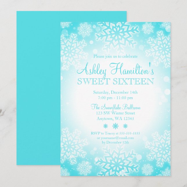 Teal Snowflake Glow Winter Wonderland Sweet 16 Invitation (Front/Back)