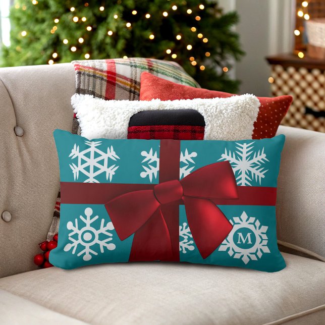 Teal Snowflake Monogram Red Bow Lumbar Pillow (Ho Ho Ho! Add your initial to this festive teal and red Christmas lumbar pillow)