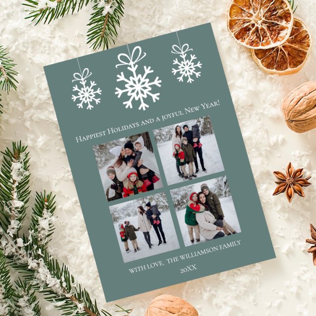 Teal Snowflake Ornaments Photo Collage Holiday Card (Teal Snowflake Ornaments Photo Collage Holiday Card)