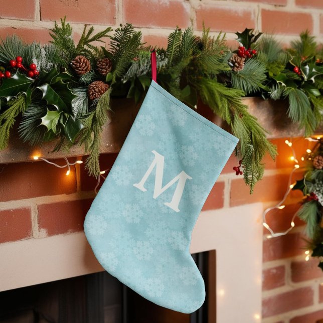 Teal Snowflake Pattern Monogrammed Large Christmas Stocking (Add your initial to this teal snowflake Christmas Stocking)