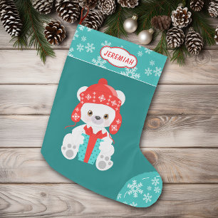 Teal Snowflake Polar Bear Large Christmas Stocking