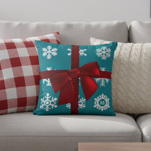 Teal Snowflake Red Bow Christmas Throw Pillow