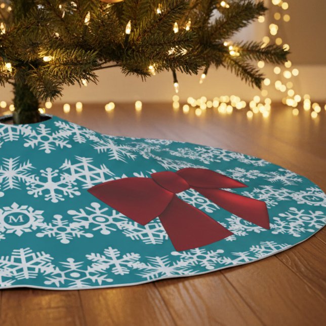 Teal Snowflakes Faux Red Bow Christmas Tree Skirt (Add a touch of elegance to your holiday decor this year! Add your initial)