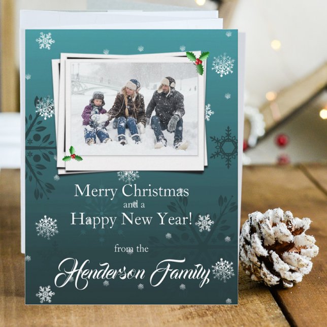 Teal Snowflakes Flat Holiday Photo Card (Teal Snowflakes Holiday Photo Card)