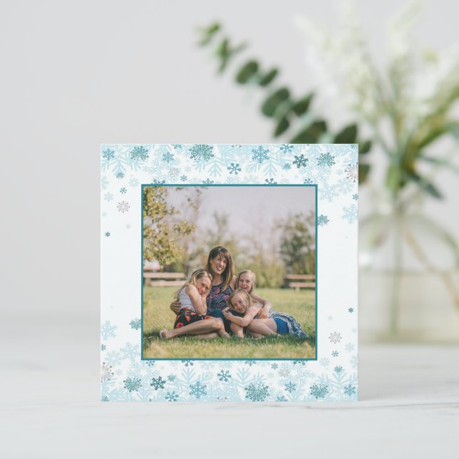 Teal Snowflakes Photo Holiday Card (Standing Front)