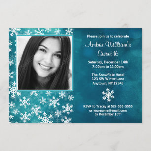 Teal Snowflakes Photo Sweet 16 Invitations
