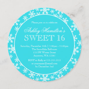 Teal Snowflakes Sweet 16 Winter Wonderland Round Invitation