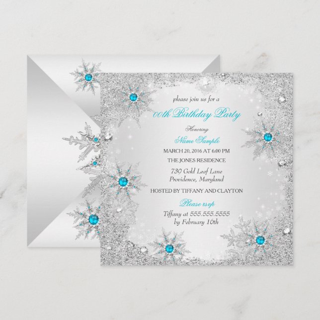 Teal Snowflakes Winter Wonderland Birthday Party Invitation (Front/Back)