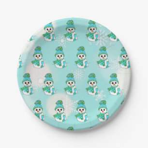 Teal Snowman and Snowflakes holiday Christmas Paper Plate