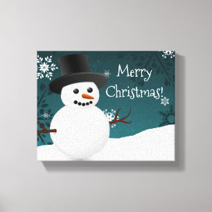 Teal Snowman Winter Scene Christmas Canvas Print