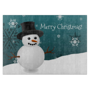Teal Snowman Winter Scene Christmas Cutting Board