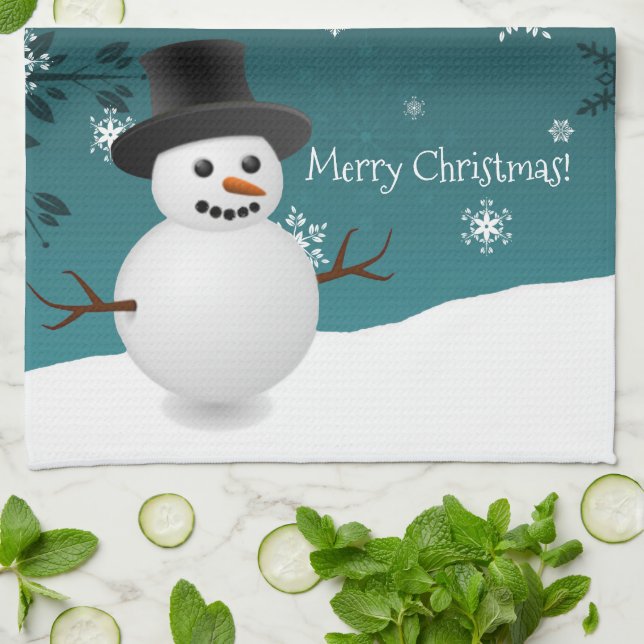 Teal Snowman Winter Scene Christmas Kitchen Towel (Folded)