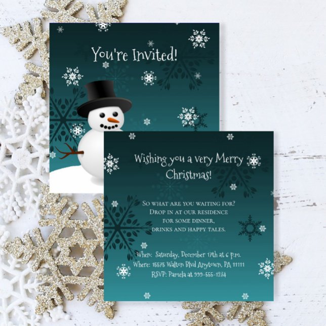 Teal Snowman Winter Scene Christmas Party Invitation (Teal Snowman Winter Scene Christmas Party Invitation)