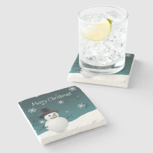 Teal Snowman Winter Scene Christmas Stone Coaster