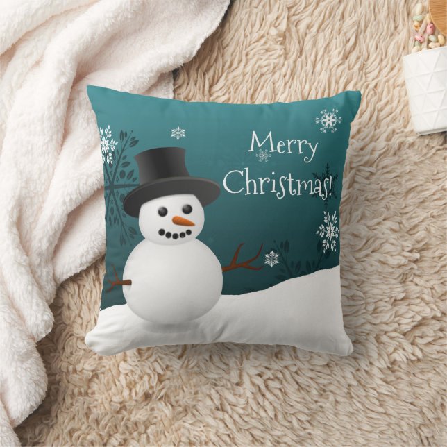 Teal Snowman Winter Scene Christmas Throw Pillow (Blanket)