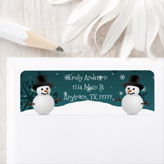 Teal Snowman Winter Scene Return Address Label (Insitu)