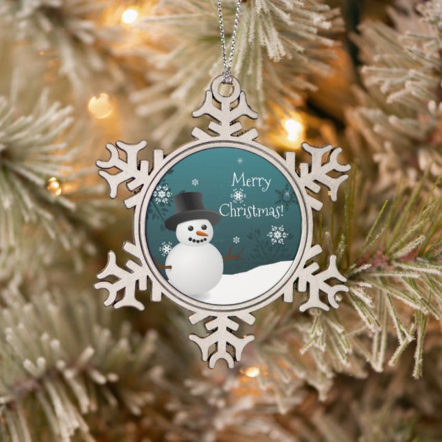 Teal Snowman Winter Scene Snowflake Ornament (Tree)