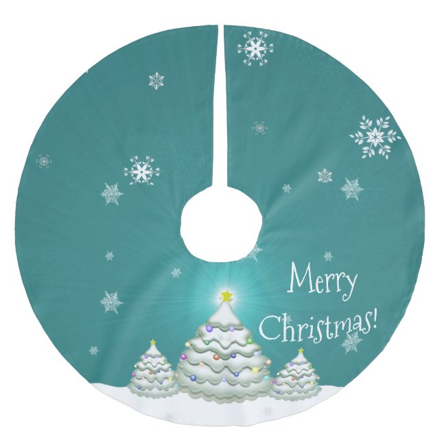 Teal Snowy Christmas Tree Holiday Tree Skirt (Front)