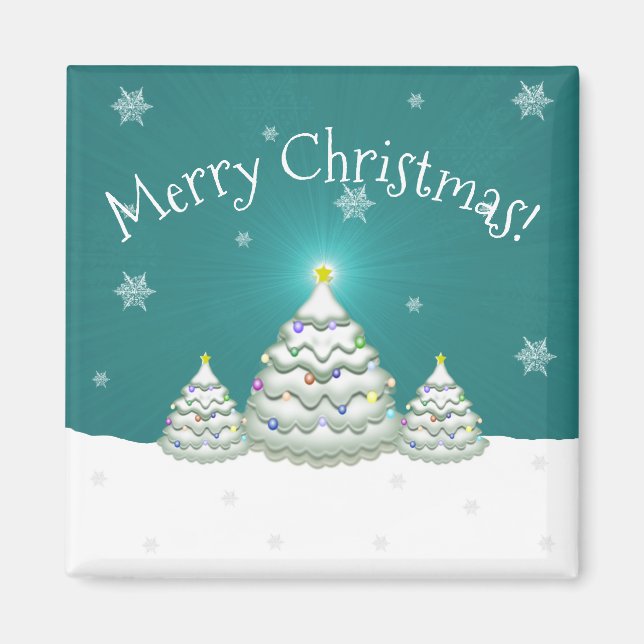 Teal Snowy Christmas Tree Magnet (Front)