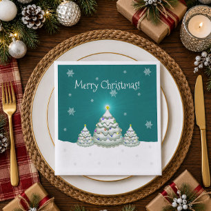 Teal Snowy Christmas Tree Paper Napkin
