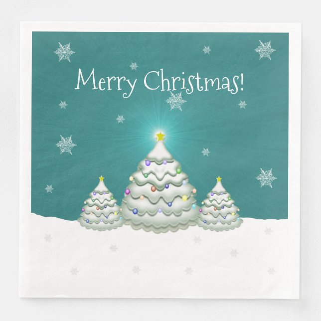 Teal Snowy Christmas Tree Paper Napkin (Front)