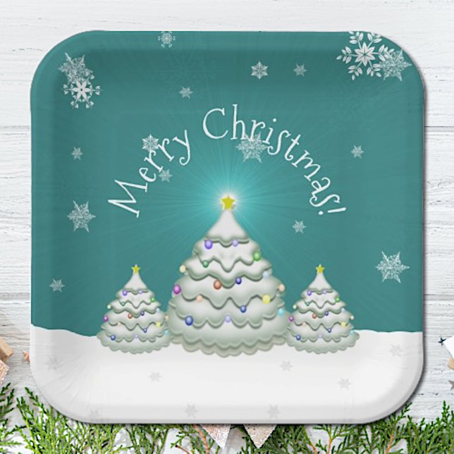 Teal Snowy Christmas Tree Paper Plate (Teal Snowy Christmas Tree Paper Plates)