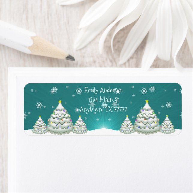 Teal Snowy Christmas Tree Return Address Label (Insitu)