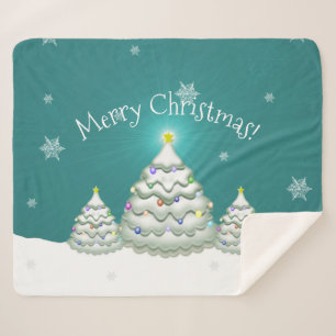 Teal Snowy Christmas Tree Sherpa Blanket