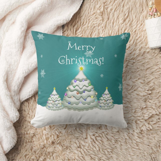 Teal Snowy Christmas Tree Throw Pillow (Blanket)