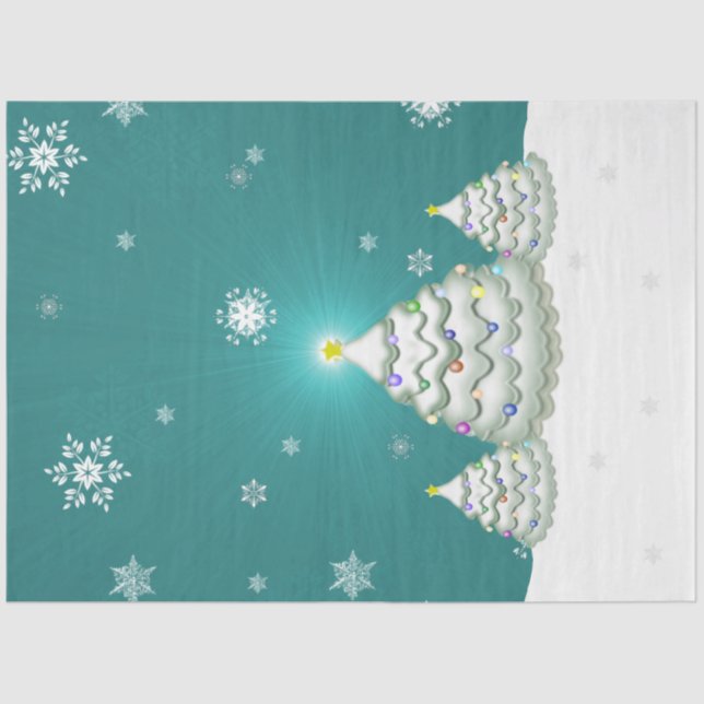 Teal Snowy Christmas Tree Tissue Paper (Front)