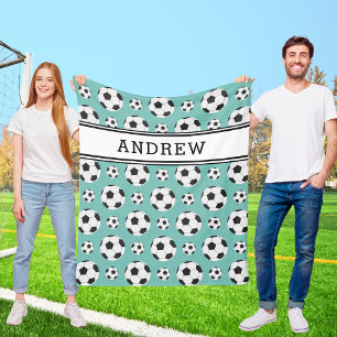 Teal Soccer Balls Pattern Kid Boy Girl Player Name Fleece Blanket
