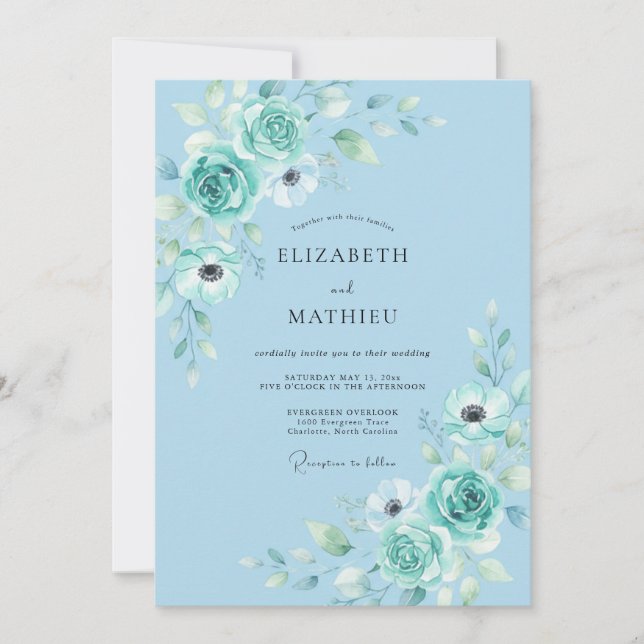 Teal Soft Floral Flourish Wedding Invitation (Front)
