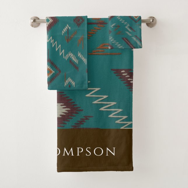 Teal Southwest Navajo Geometric Bath Towel Set (Insitu)