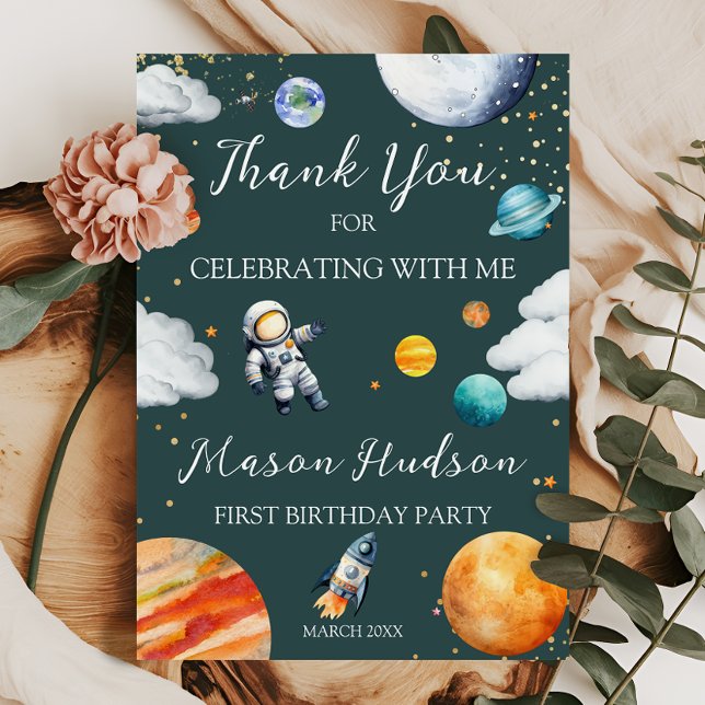 Teal Space Astronaut First Birthday Thank You Card (Creator Uploaded)