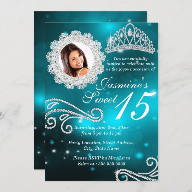 Teal Sparkle Diamond Tiara Photo Quinceanera Invitation (Front/Back)