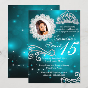 Teal Sparkle Diamond Tiara Photo Quinceanera Invitation
