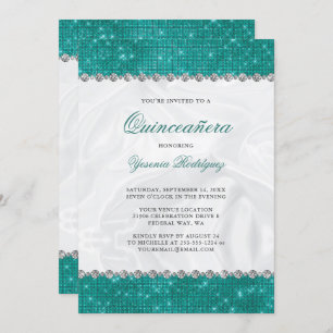 Teal Sparkle Glitter Glam Diamond Quinceañera Invitation