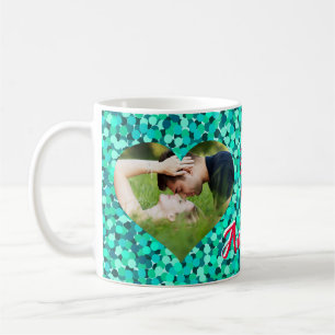 Teal Sparkle Heart Shape Photo  Coffee Mug