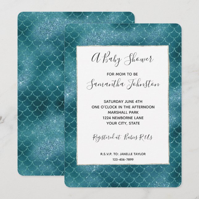Teal Sparkle Mermaid Baby Shower Invitation (Front/Back)
