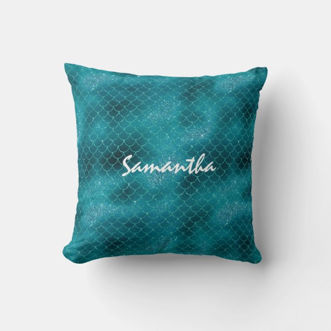 Teal Sparkle Mermaid personalised Cushion (Front)