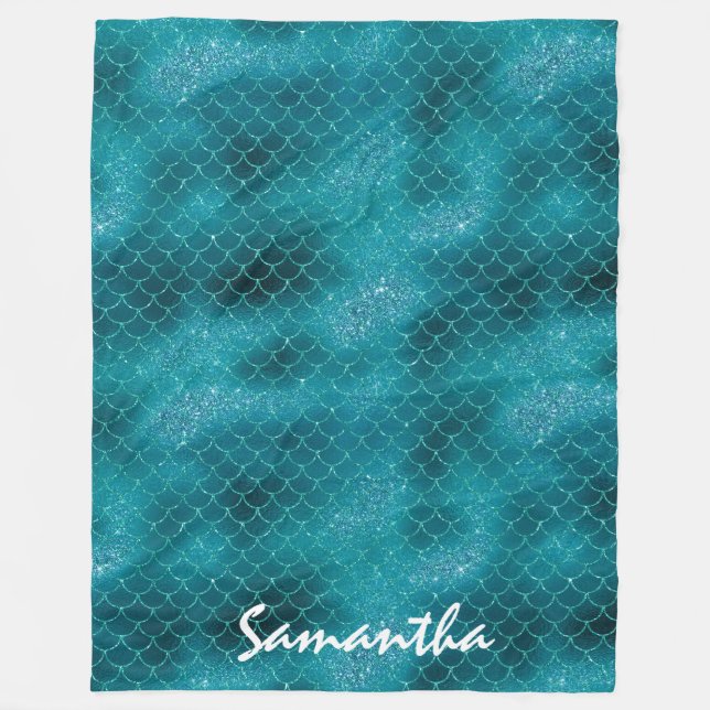 Teal Sparkle Mermaid personalised Fleece Blanket (Front)