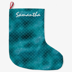 Teal Sparkle Mermaid personalized Large Christmas Stocking