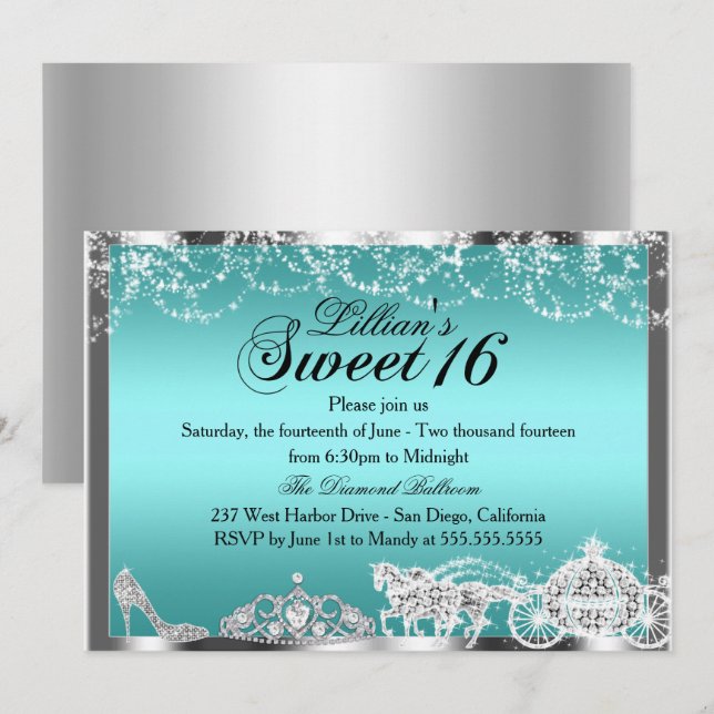 Teal Sparkle Princess Theme Sweet 16 Invite (Front/Back)
