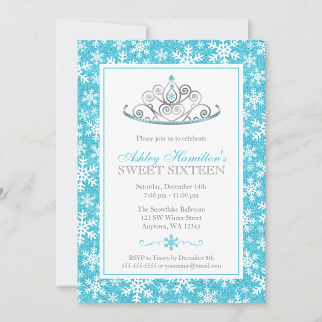 Teal Sparkle Princess Winter Wonderland Sweet 16 Invitation (Front)