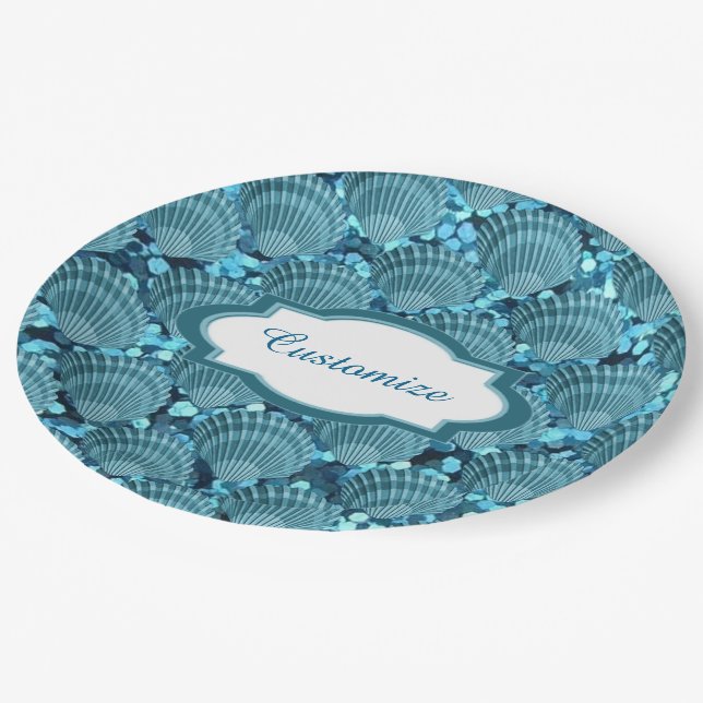 Teal Sparkle Seashell Paper Plates (Angled)