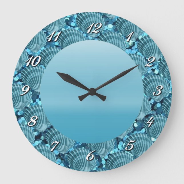 Teal Sparkle Seashell Round Wall Clock (Front)