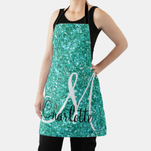 Teal sparkling glitter monogrammed apron
