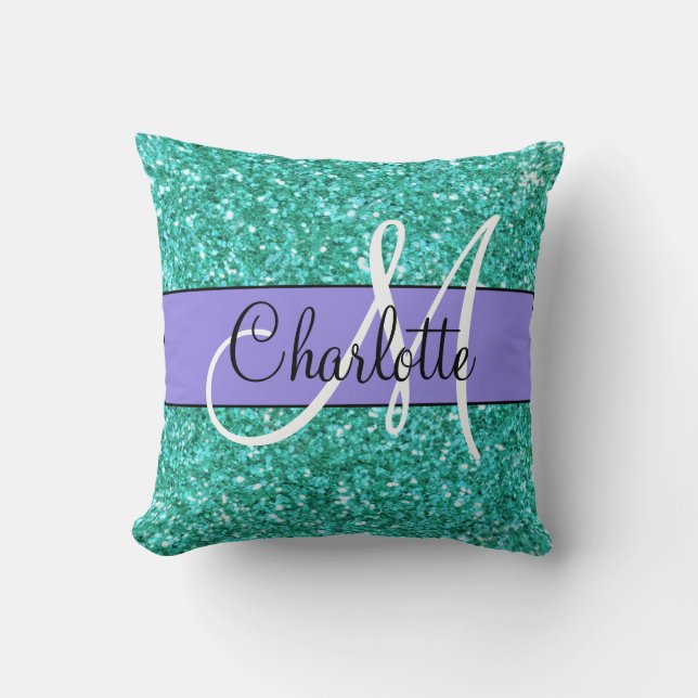 Teal  sparkling glitter monogrammed       cushion (Front)