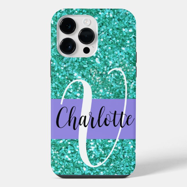 Teal sparkling glitter monogrammed       iPhone case (Back)