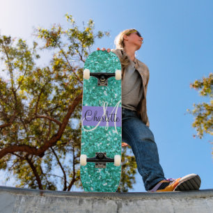 Teal sparkling glitter monogrammed        skateboard